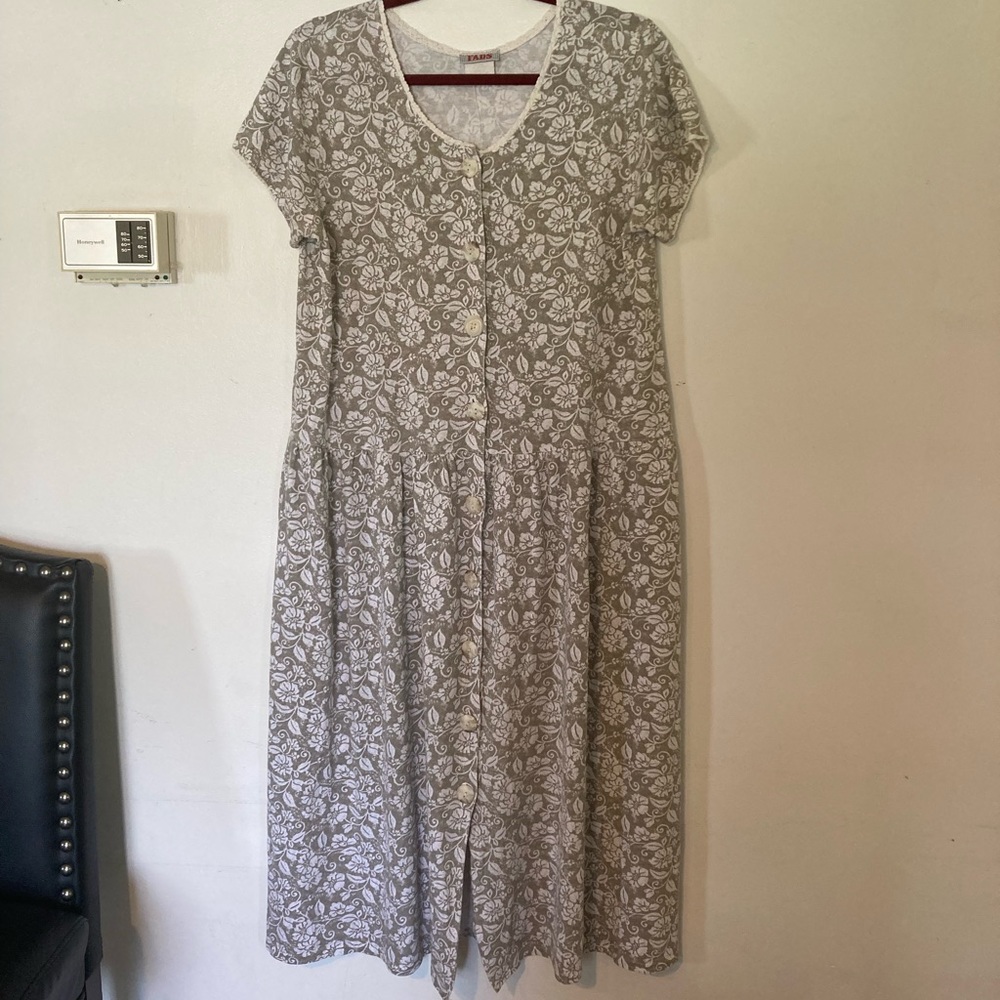 Vintage FADS 90s floral button front drop waist short sleeve midi dress